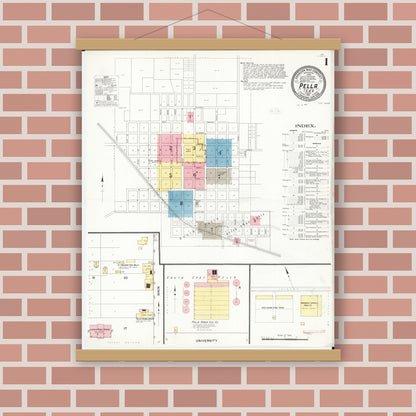 Old map wall art mockup — magnetic wood frame on brick wall — Sanborn Fire Insurance Map from Pella, Marion County, Iowa (1911), Sheet #0001