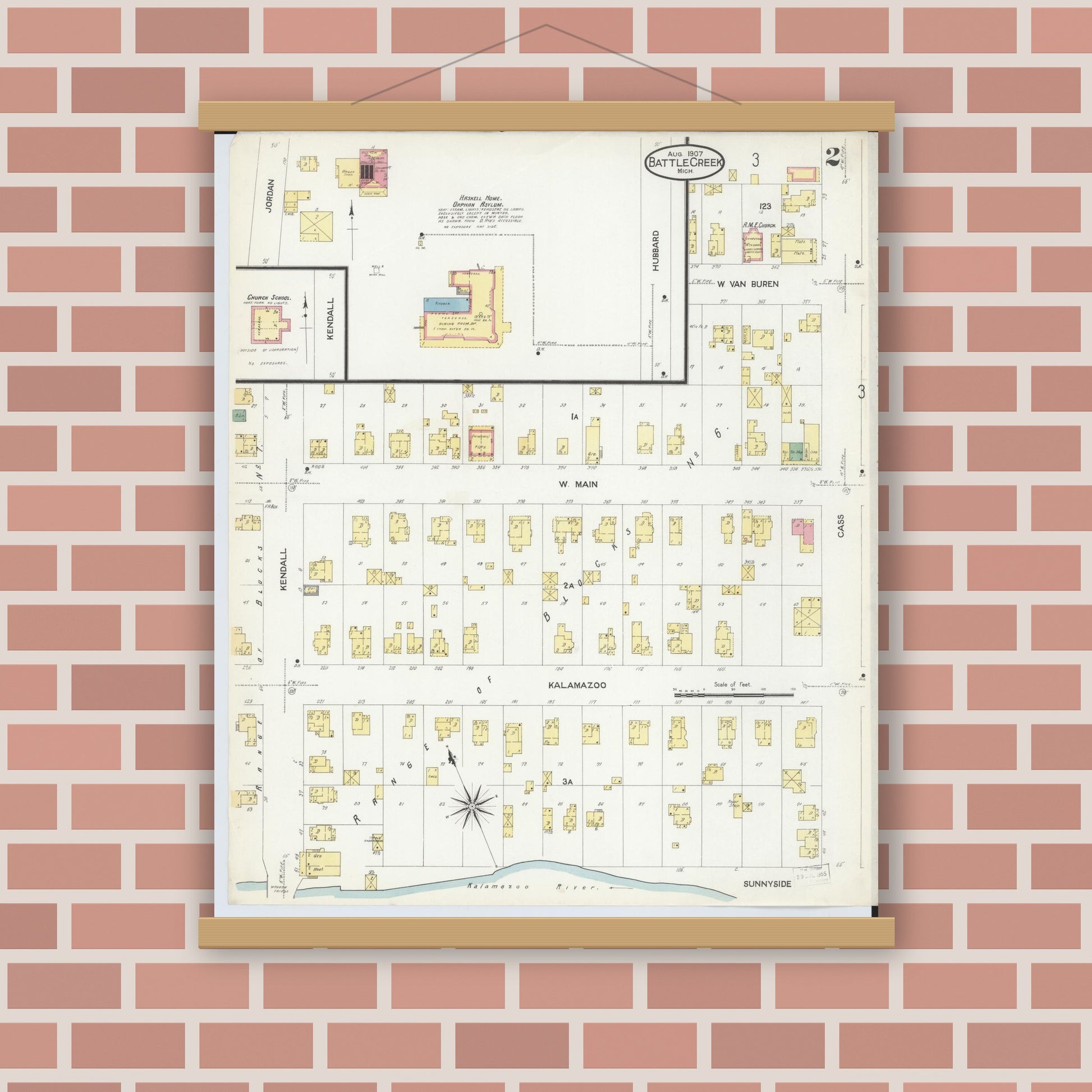 Old map wall art mockup — magnetic wood frame on brick wall — Sanborn Fire Insurance Map from Battle Creek, Calhoun County, Michigan (1907), Sheet #0002