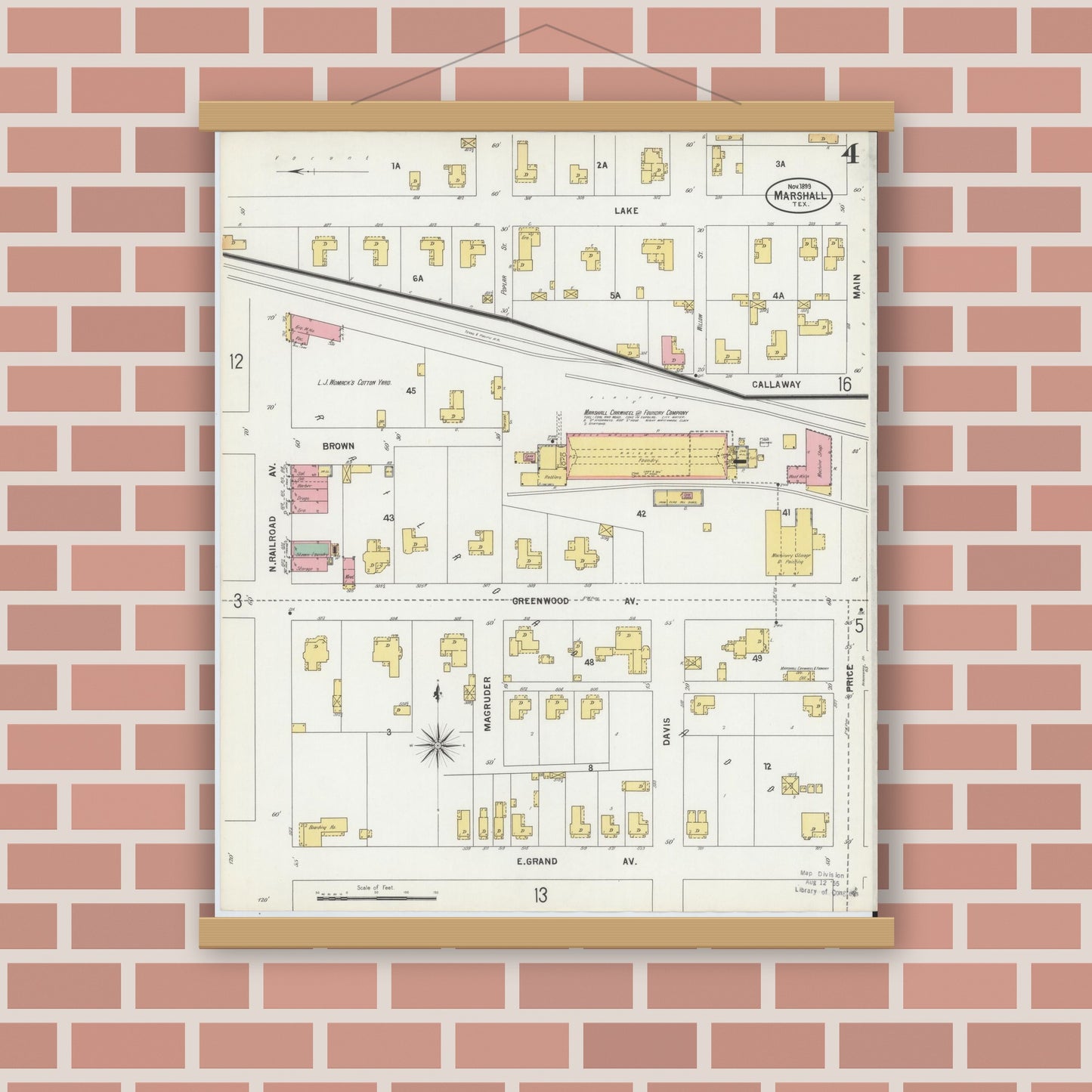 Old map wall art mockup — magnetic wood frame on brick wall — Sanborn Fire Insurance Map from Marshall, Harrison County, Texas (1899), Sheet #0004