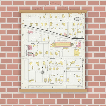 Old map wall art mockup — magnetic wood frame on brick wall — Sanborn Fire Insurance Map from Marshall, Harrison County, Texas (1899), Sheet #0004