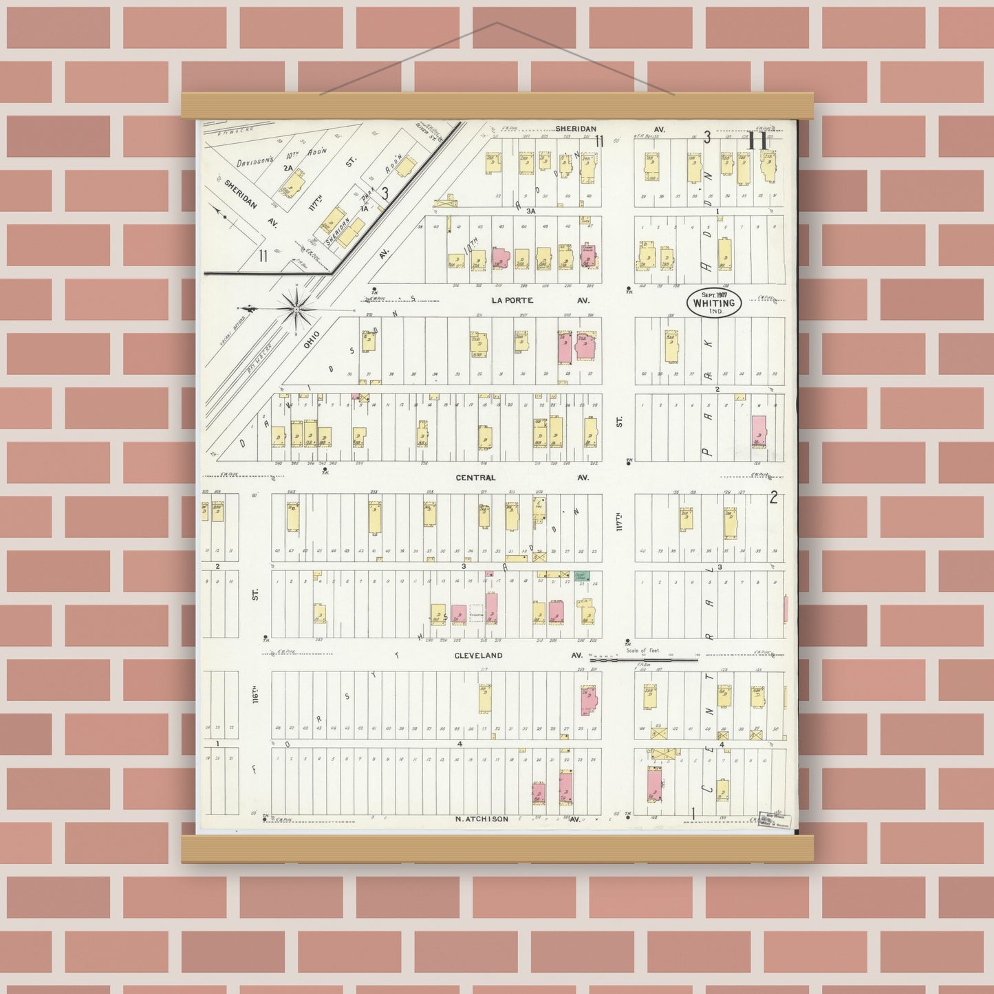 Old map wall art mockup — magnetic wood frame on brick wall — Sanborn Fire Insurance Map from Whiting, Lake County, Indiana (1907), Sheet #0011