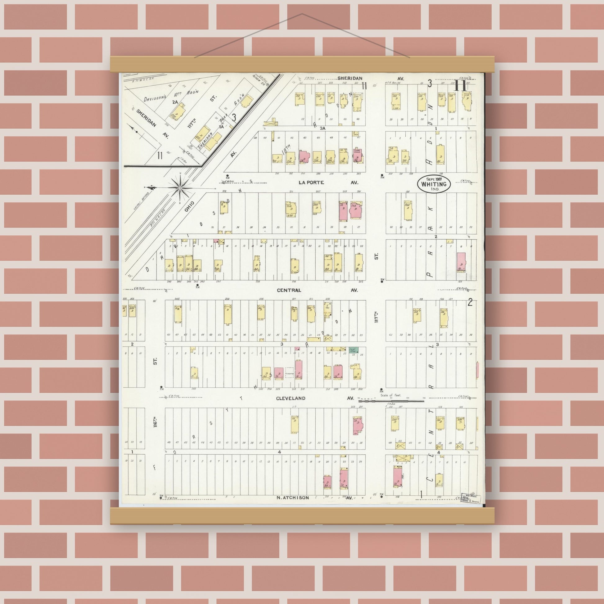 Old map wall art mockup — magnetic wood frame on brick wall — Sanborn Fire Insurance Map from Whiting, Lake County, Indiana (1907), Sheet #0011