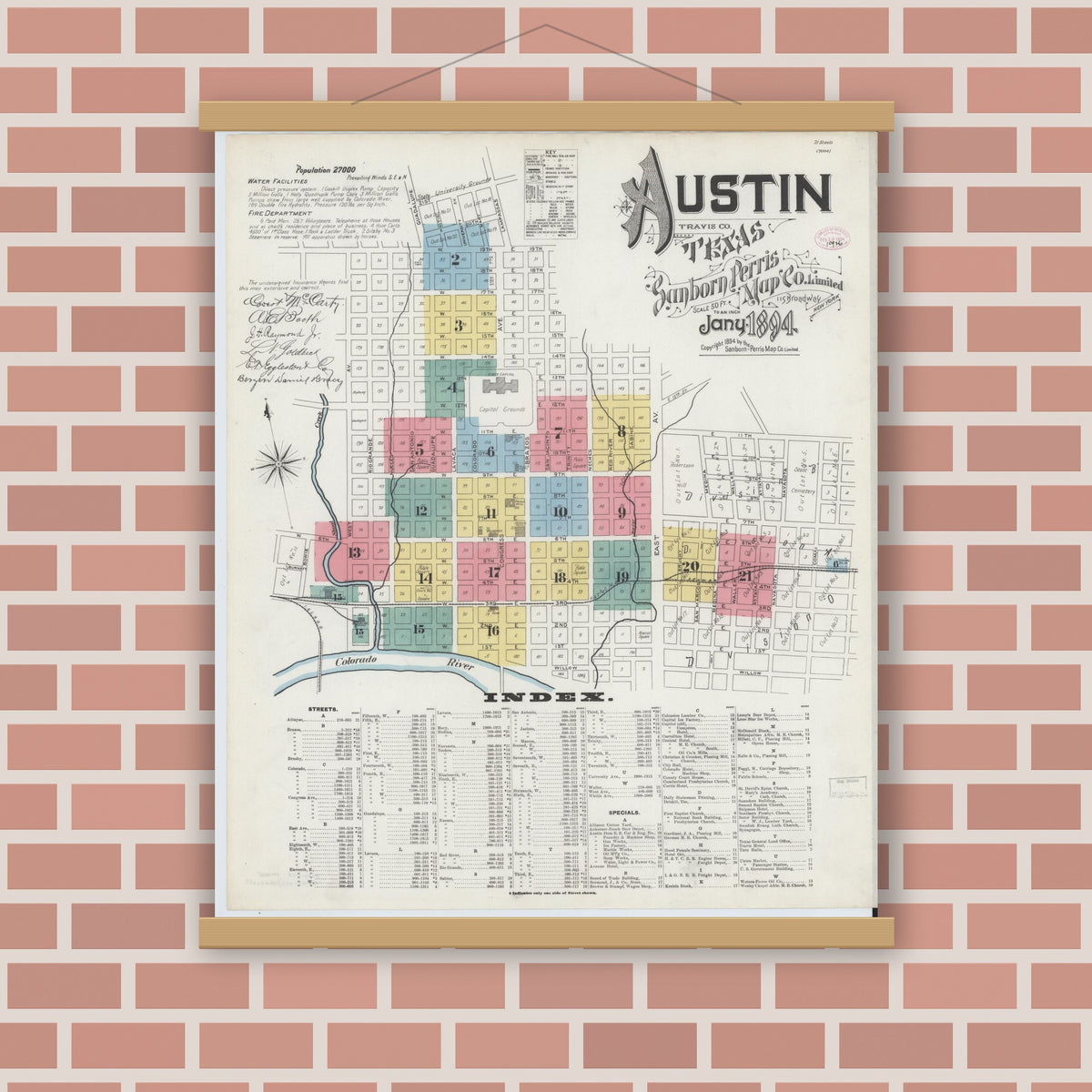 Old map wall art mockup — magnetic wood frame on brick wall — Sanborn Fire Insurance Map from Austin, Travis County, Texas (1894) - Complete Map Set