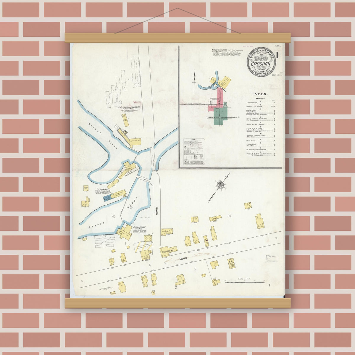 Old map wall art mockup — magnetic wood frame on brick wall — Sanborn Fire Insurance Map from Croghan, Lewis County, New York (1909) - Complete Map Set