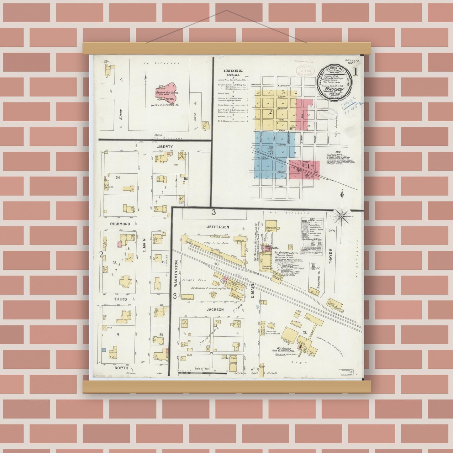 Old map wall art mockup — magnetic wood frame on brick wall — Sanborn Fire Insurance Map from Bourbon, Marshall County, Indiana (1899) - Complete Map Set