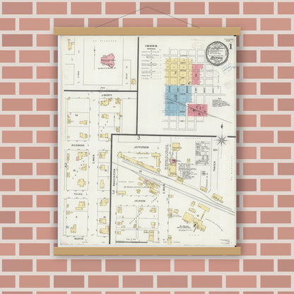 Old map wall art mockup — magnetic wood frame on brick wall — Sanborn Fire Insurance Map from Bourbon, Marshall County, Indiana (1899) - Complete Map Set