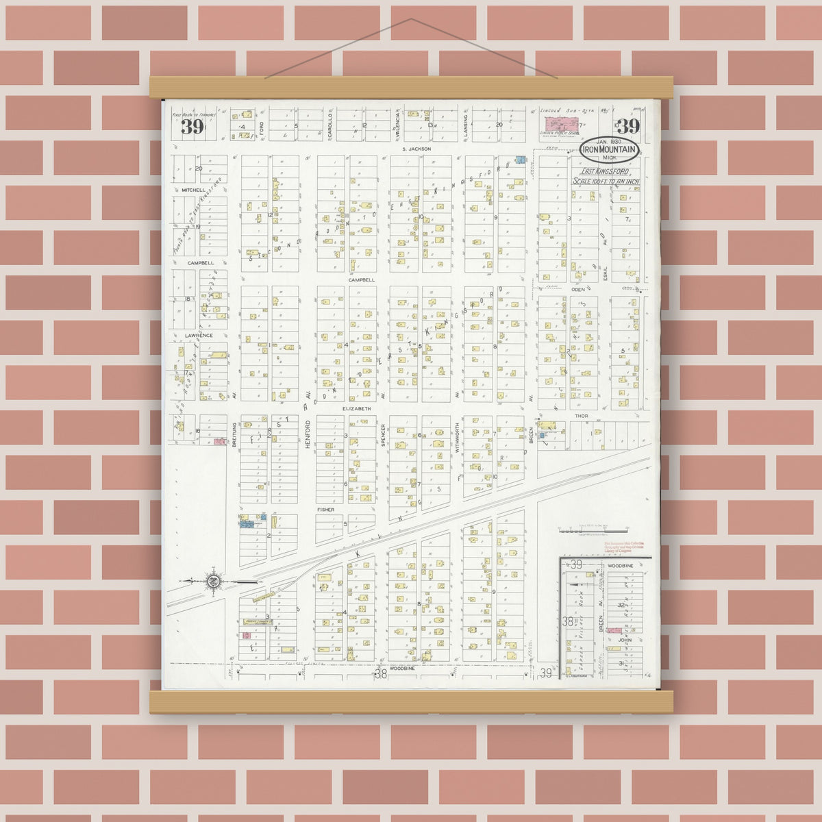 Old map wall art mockup — magnetic wood frame on brick wall — Sanborn Fire Insurance Map from Iron Mountain, Dickinson County, Michigan (1930), Sheet #0039