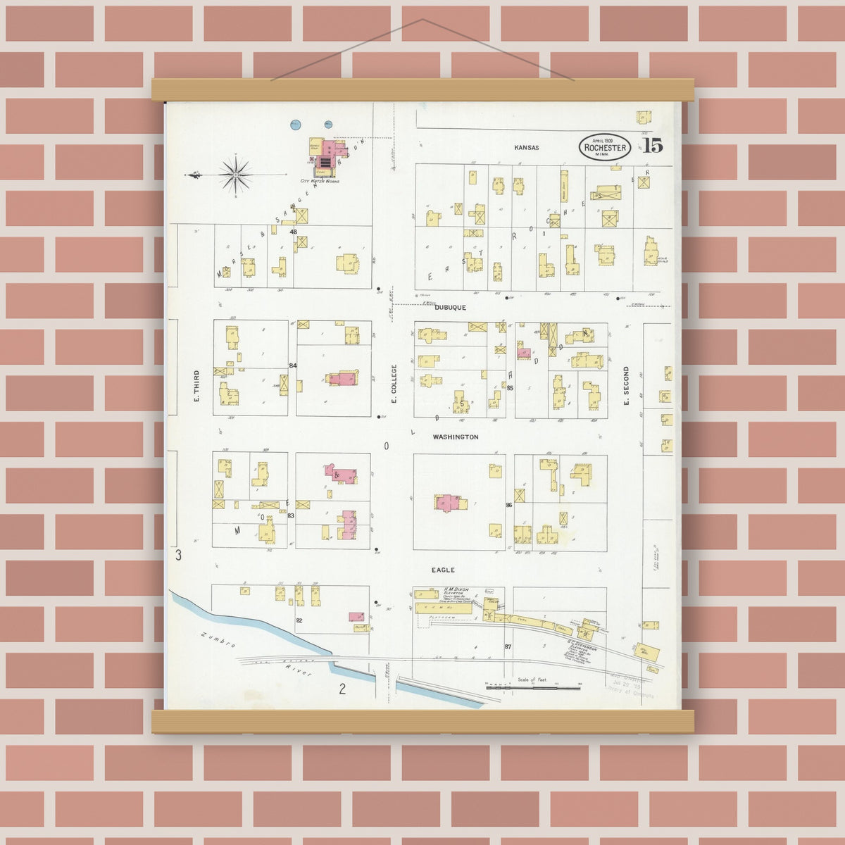 Old map wall art mockup — magnetic wood frame on brick wall — Sanborn Fire Insurance Map from Rochester, Olmsted County, Minnesota (1909), Sheet #0015