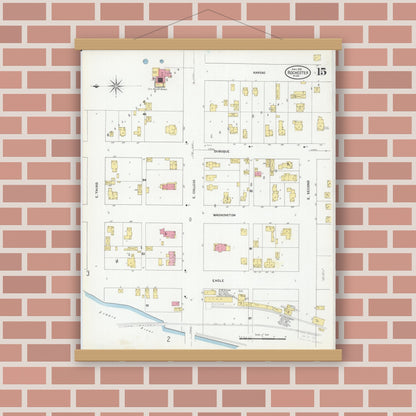Old map wall art mockup — magnetic wood frame on brick wall — Sanborn Fire Insurance Map from Rochester, Olmsted County, Minnesota (1909), Sheet #0015