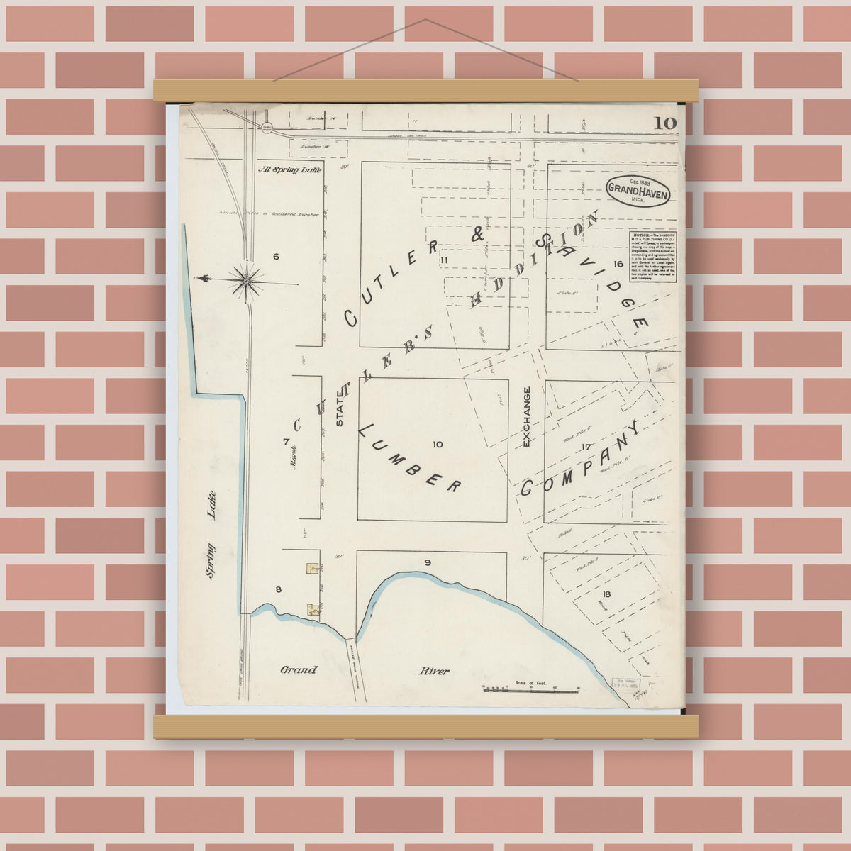 Old map wall art mockup — magnetic wood frame on brick wall — Sanborn Fire Insurance Map from Grand Haven, Ottawa County, Michigan (1883), Sheet #0010