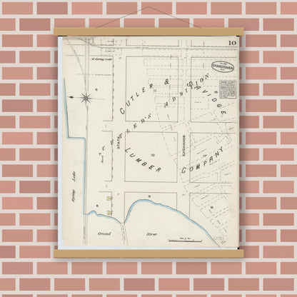 Old map wall art mockup — magnetic wood frame on brick wall — Sanborn Fire Insurance Map from Grand Haven, Ottawa County, Michigan (1883), Sheet #0010