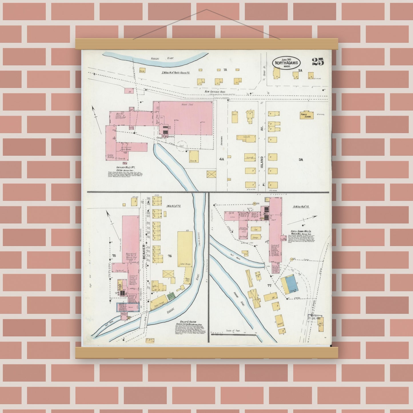 Old map wall art mockup — magnetic wood frame on brick wall — Sanborn Fire Insurance Map from North Adams, Berkshire County, Massachusetts (1901), Sheet #0025