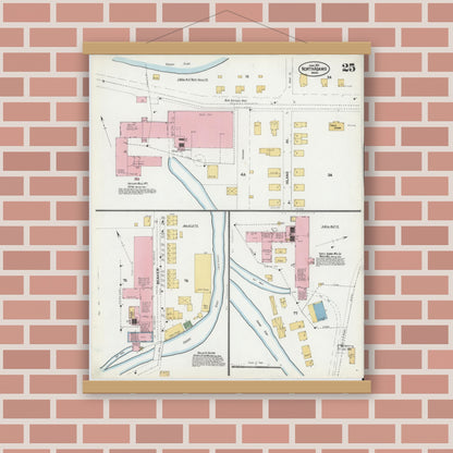 Old map wall art mockup — magnetic wood frame on brick wall — Sanborn Fire Insurance Map from North Adams, Berkshire County, Massachusetts (1901), Sheet #0025