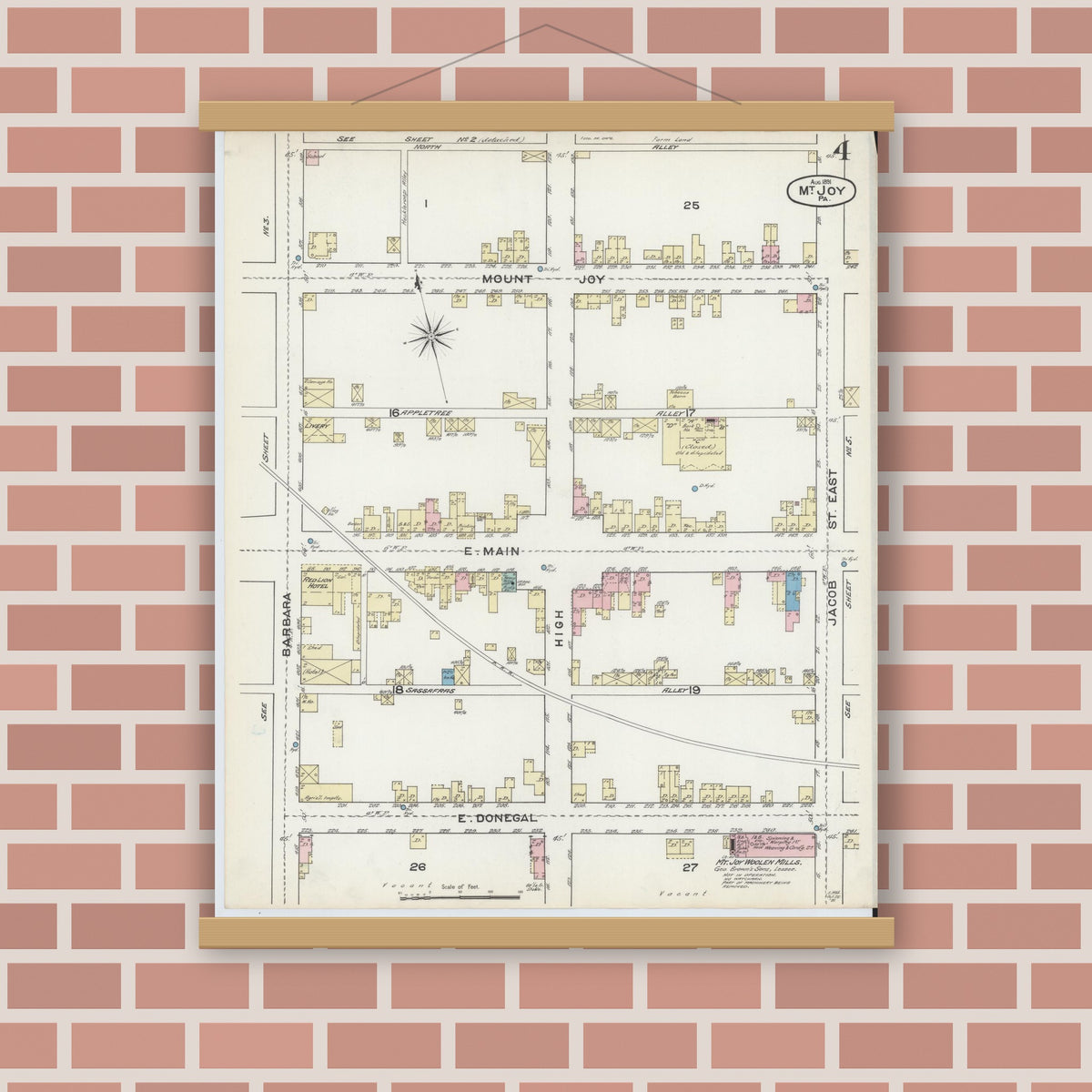 Old map wall art mockup — magnetic wood frame on brick wall — Sanborn Fire Insurance Map from Mount Joy, Lancaster County, Pennsylvania (1891), Sheet #0004
