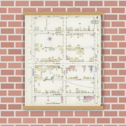 Old map wall art mockup — magnetic wood frame on brick wall — Sanborn Fire Insurance Map from Mount Joy, Lancaster County, Pennsylvania (1891), Sheet #0004