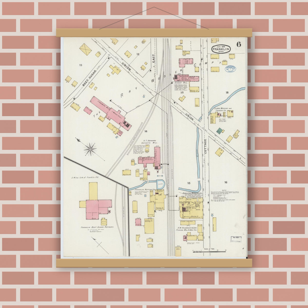 Old map wall art mockup — magnetic wood frame on brick wall — Sanborn Fire Insurance Map from Franklin, Norfolk County, Massachusetts (1894), Sheet #0006
