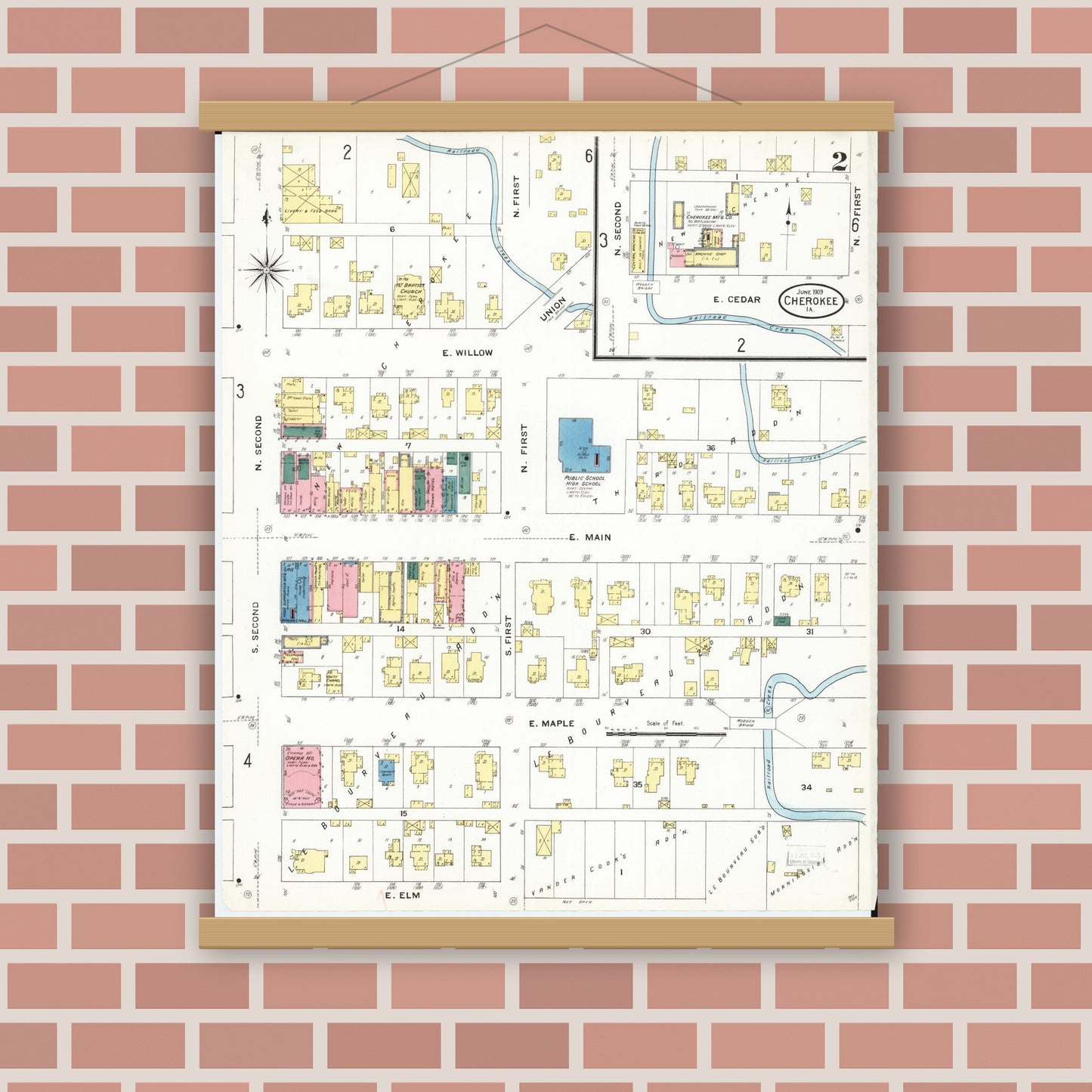 Old map wall art mockup — magnetic wood frame on brick wall — Sanborn Fire Insurance Map from Cherokee, Cherokee County, Iowa (1909), Sheet #0002