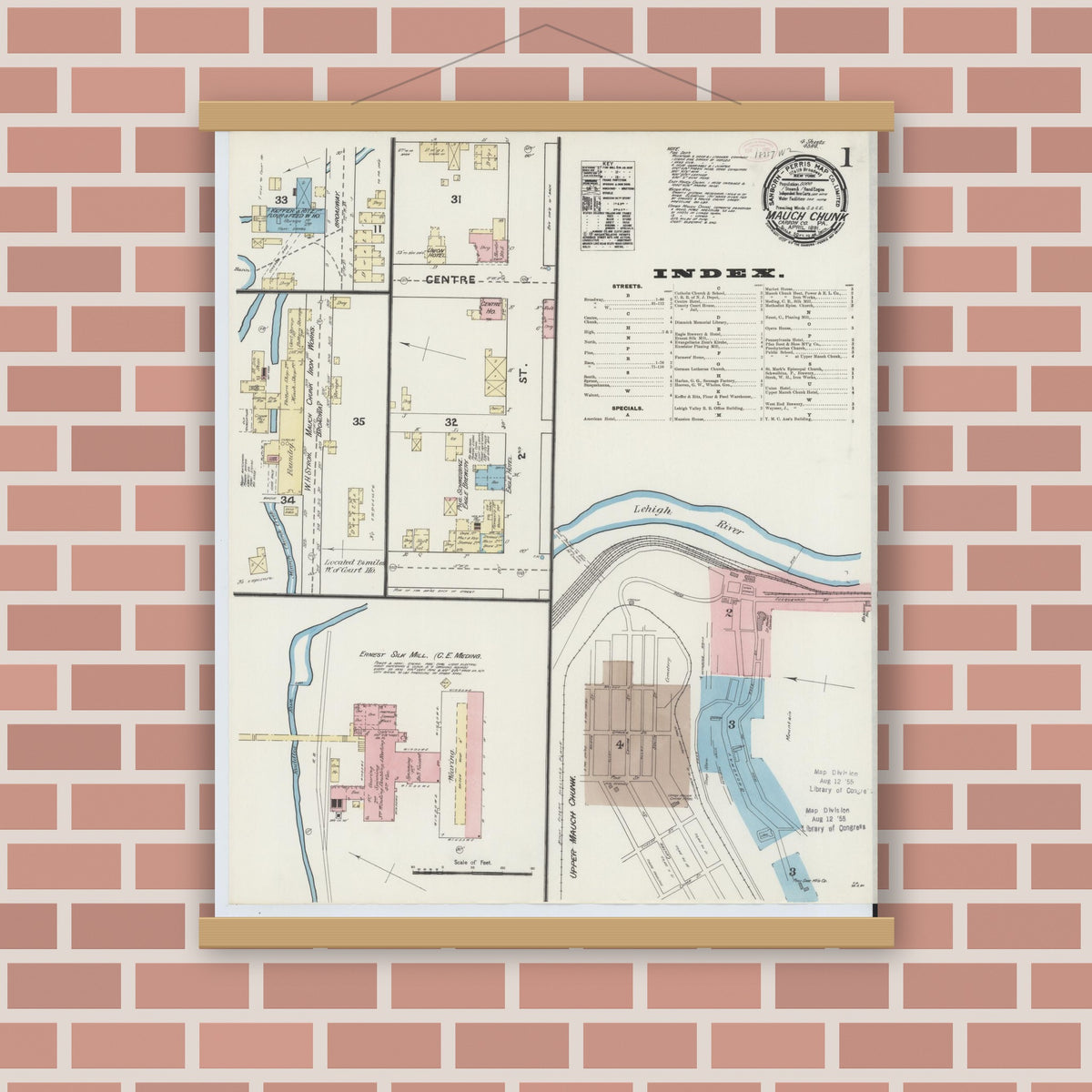 Old map wall art mockup — magnetic wood frame on brick wall — Sanborn Fire Insurance Map from Mauch Chunk, Carbon County, Pennsylvania (1891), Sheet #0001