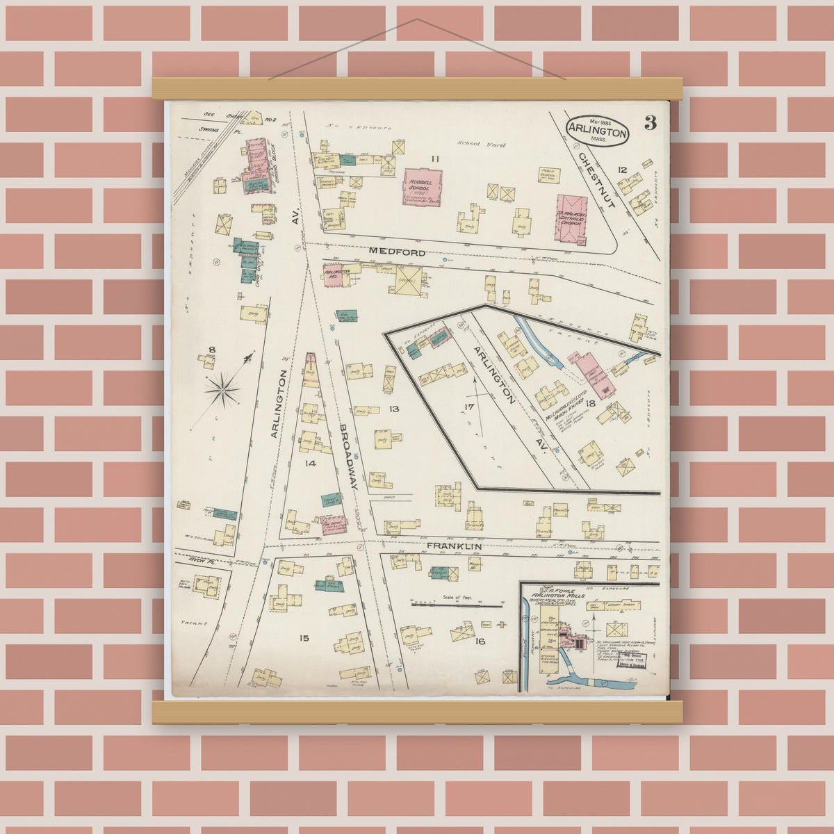 Old map wall art mockup — magnetic wood frame on brick wall — Sanborn Fire Insurance Map from Arlington, Middlesex County, Massachusetts (1885), Sheet #0003