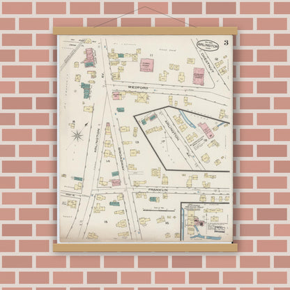 Old map wall art mockup — magnetic wood frame on brick wall — Sanborn Fire Insurance Map from Arlington, Middlesex County, Massachusetts (1885), Sheet #0003