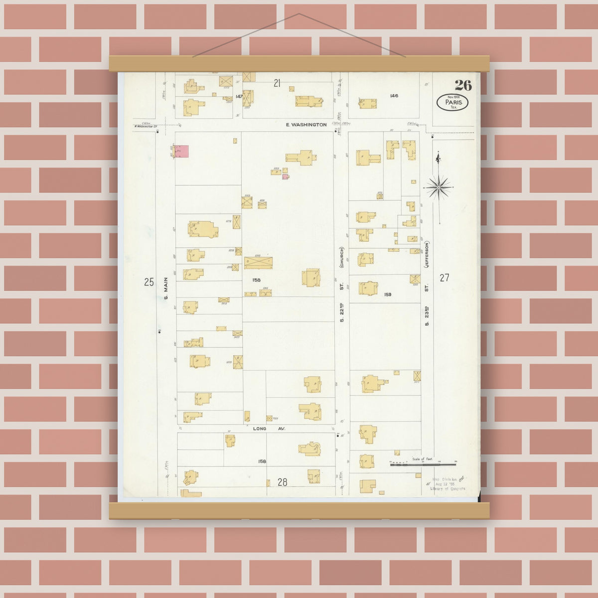 Old map wall art mockup — magnetic wood frame on brick wall — Sanborn Fire Insurance Map from Paris, Lamar County, Texas (1908), Sheet #0026