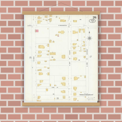 Old map wall art mockup — magnetic wood frame on brick wall — Sanborn Fire Insurance Map from Paris, Lamar County, Texas (1908), Sheet #0026