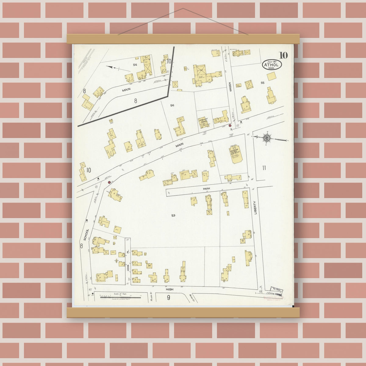 Old map wall art mockup — magnetic wood frame on brick wall — Sanborn Fire Insurance Map from Athol, Worcester County, Massachusetts (1917), Sheet #0010