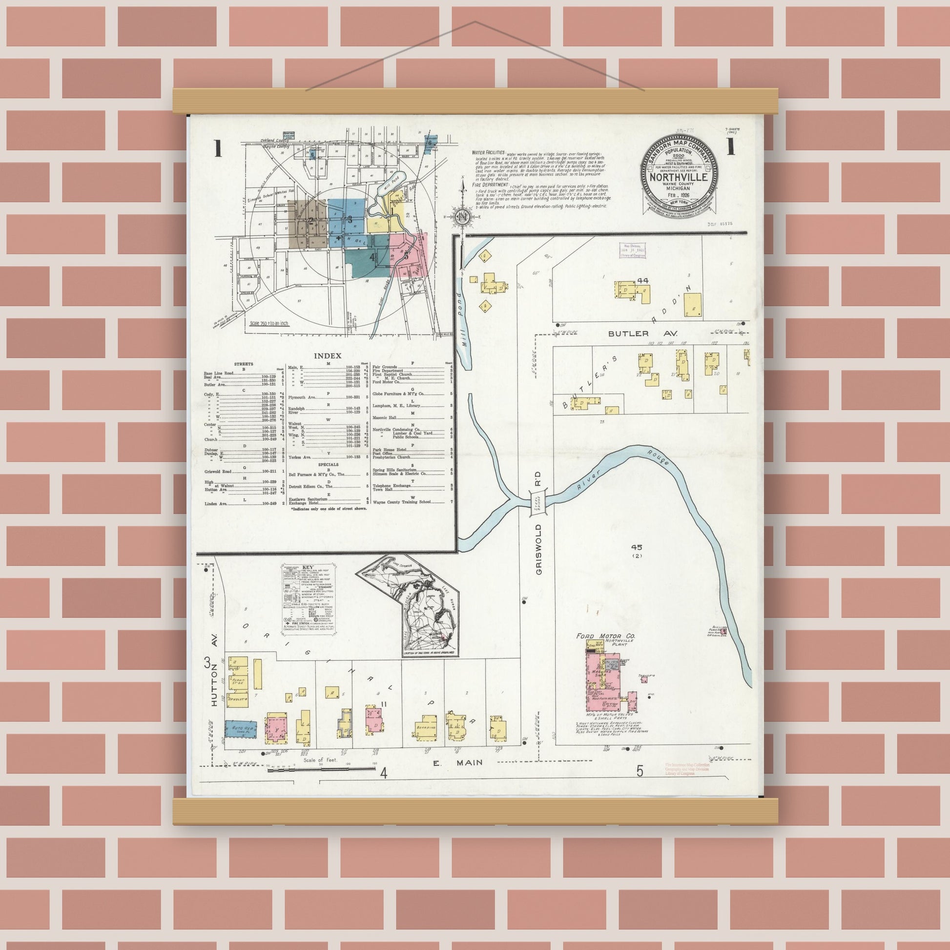 Old map wall art mockup — magnetic wood frame on brick wall — Sanborn Fire Insurance Map from Northville, Wayne County, Michigan (1926) - Complete Map Set