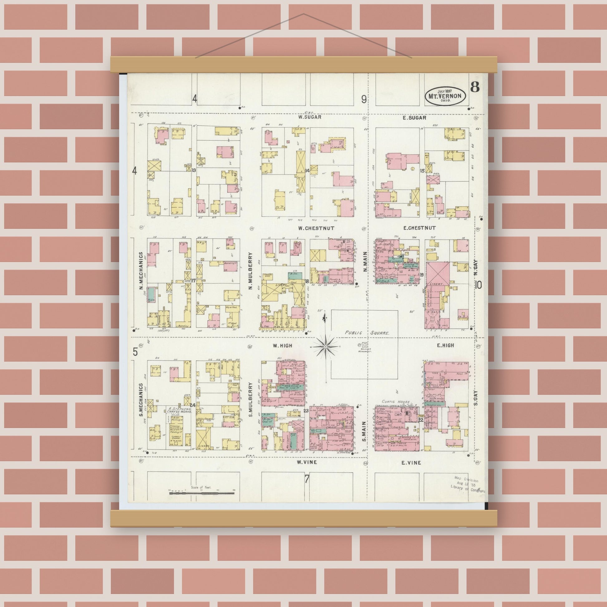 Old map wall art mockup — magnetic wood frame on brick wall — Sanborn Fire Insurance Map from Mount Vernon, Knox County, Ohio (1897), Sheet #0008