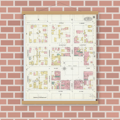 Old map wall art mockup — magnetic wood frame on brick wall — Sanborn Fire Insurance Map from Mount Vernon, Knox County, Ohio (1897), Sheet #0008