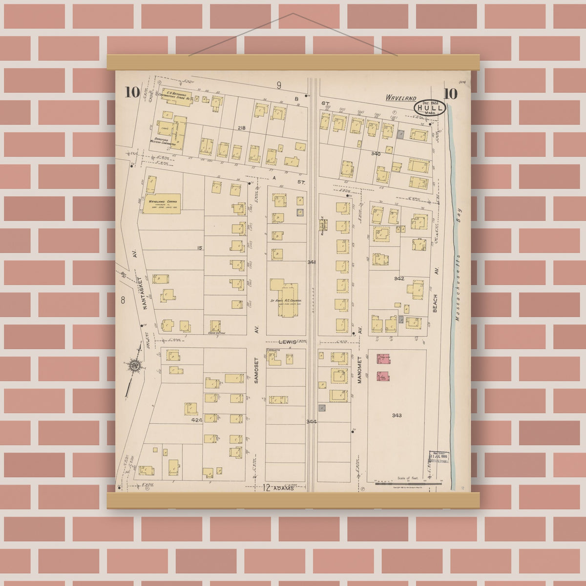 Old map wall art mockup — magnetic wood frame on brick wall — Sanborn Fire Insurance Map from Hull, Plymouth County, Massachusetts (1922), Sheet #0010