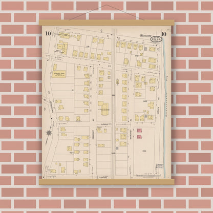 Old map wall art mockup — magnetic wood frame on brick wall — Sanborn Fire Insurance Map from Hull, Plymouth County, Massachusetts (1922), Sheet #0010