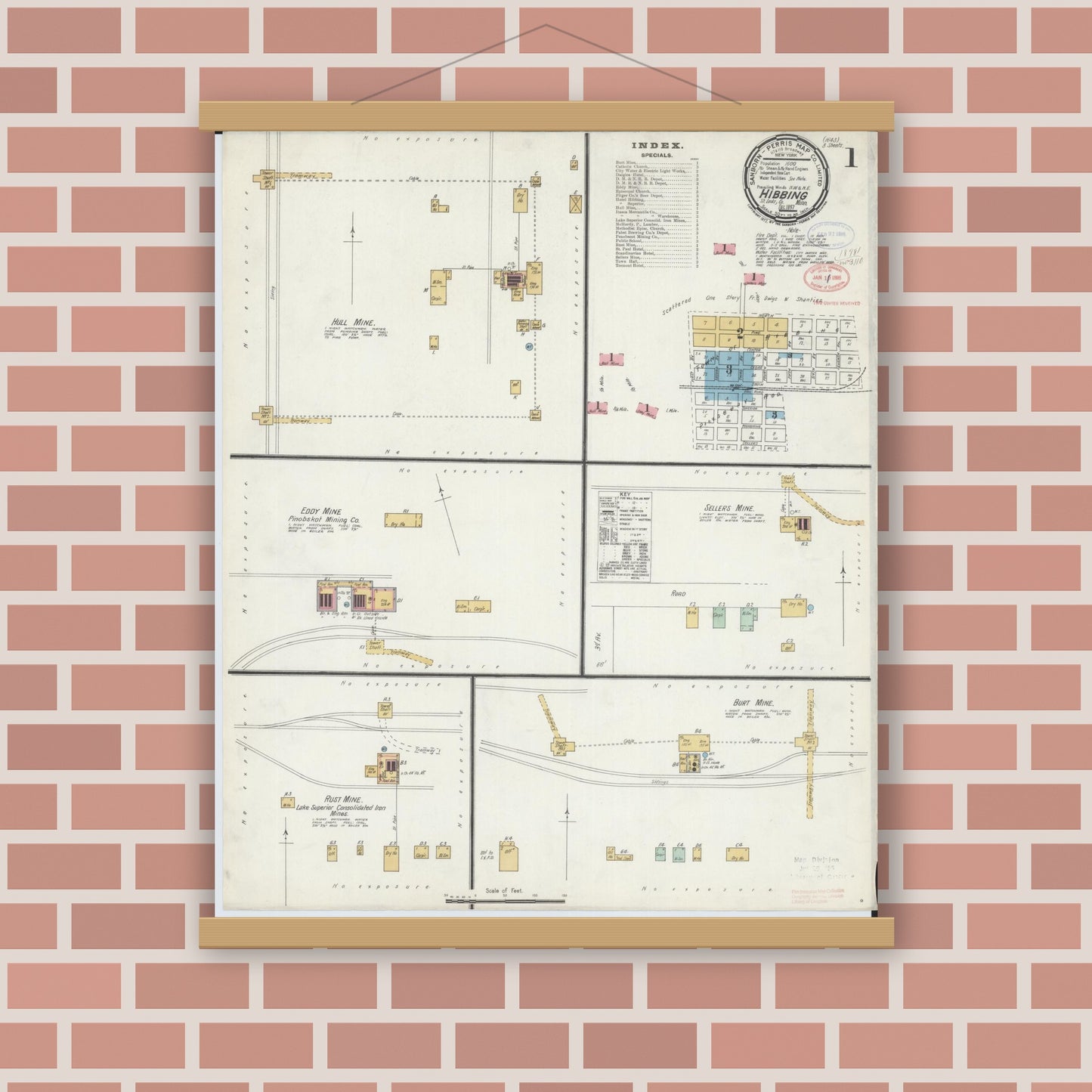 Old map wall art mockup — magnetic wood frame on brick wall — Sanborn Fire Insurance Map from Hibbing, Saint Louis County, Minnesota (1897) - Complete Map Set