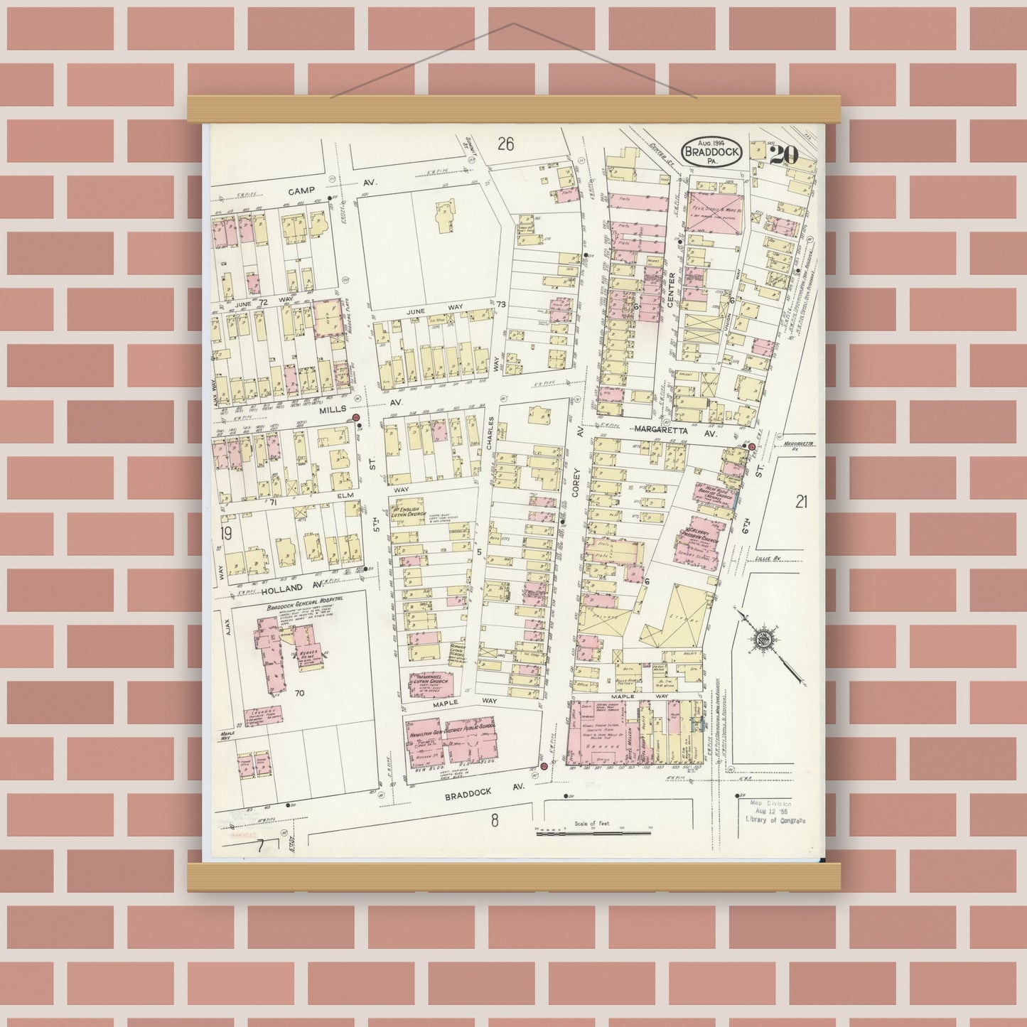 Old map wall art mockup — magnetic wood frame on brick wall — Sanborn Fire Insurance Map from Braddock, Allegheny County, Pennsylvania (1914), Sheet #0020