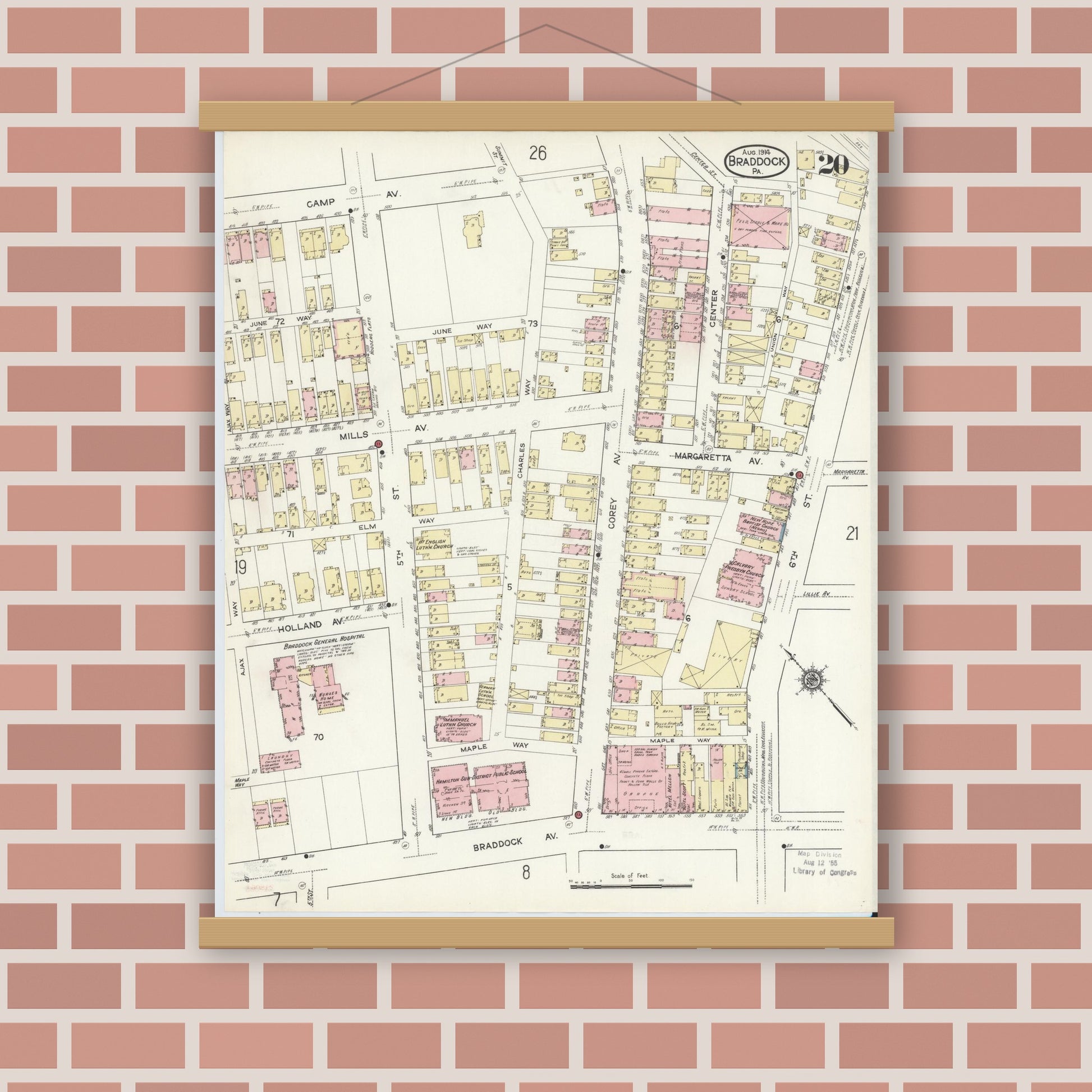 Old map wall art mockup — magnetic wood frame on brick wall — Sanborn Fire Insurance Map from Braddock, Allegheny County, Pennsylvania (1914), Sheet #0020
