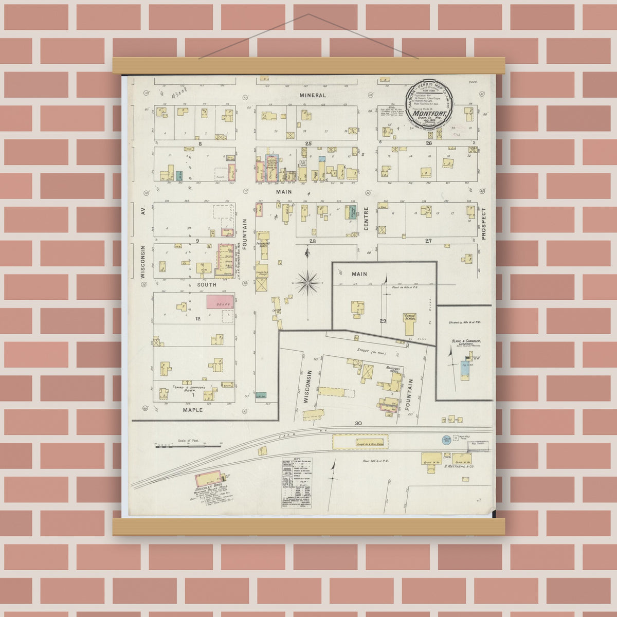 Old map wall art mockup — magnetic wood frame on brick wall — Sanborn Fire Insurance Map from Montfort, Grant County, Wisconsin (1894), Sheet #0001