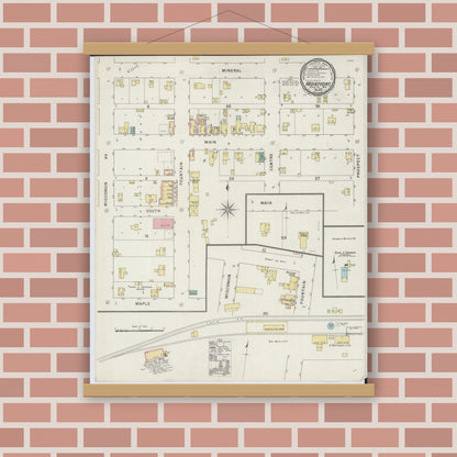 Old map wall art mockup — magnetic wood frame on brick wall — Sanborn Fire Insurance Map from Montfort, Grant County, Wisconsin (1894), Sheet #0001