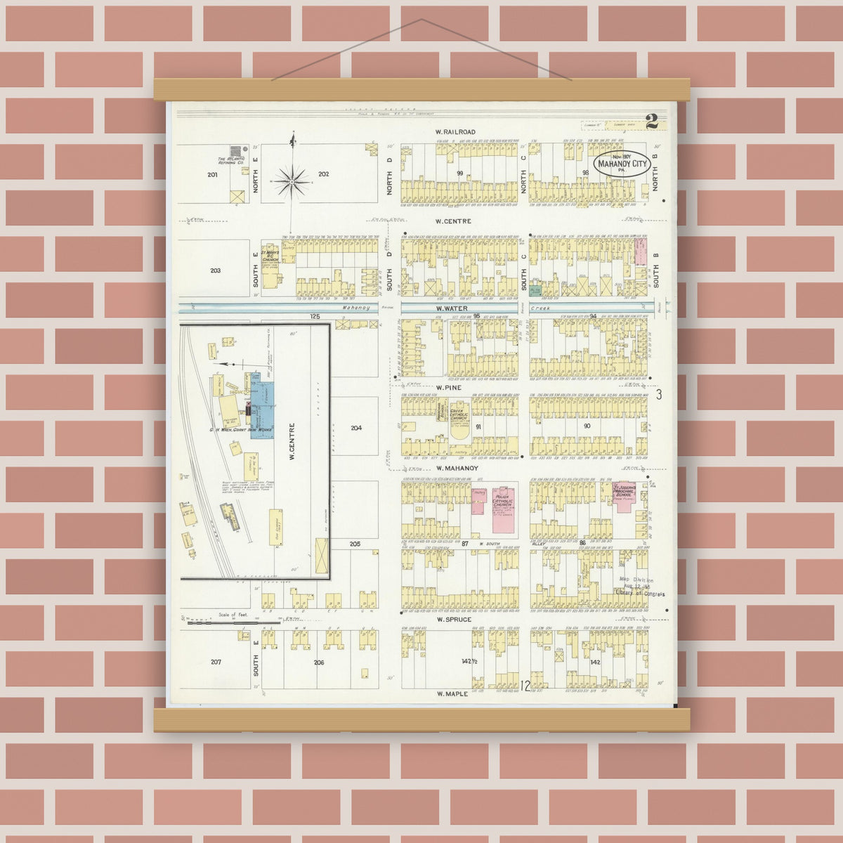 Old map wall art mockup — magnetic wood frame on brick wall — Sanborn Fire Insurance Map from Mahanoy City, Schuylkill County, Pennsylvania (1907), Sheet #0002