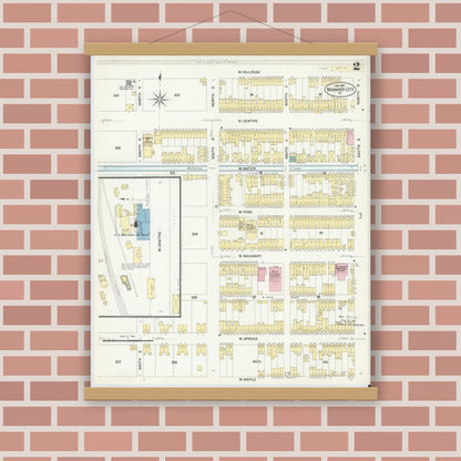 Old map wall art mockup — magnetic wood frame on brick wall — Sanborn Fire Insurance Map from Mahanoy City, Schuylkill County, Pennsylvania (1907), Sheet #0002