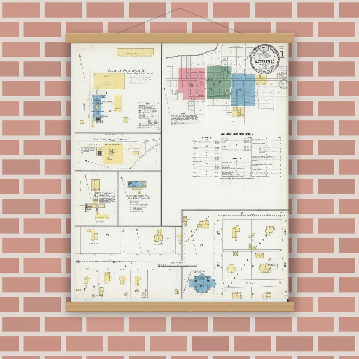 Old map wall art mockup — magnetic wood frame on brick wall — Sanborn Fire Insurance Map from Gatesville, Coryell County, Texas (1902) - Complete Map Set