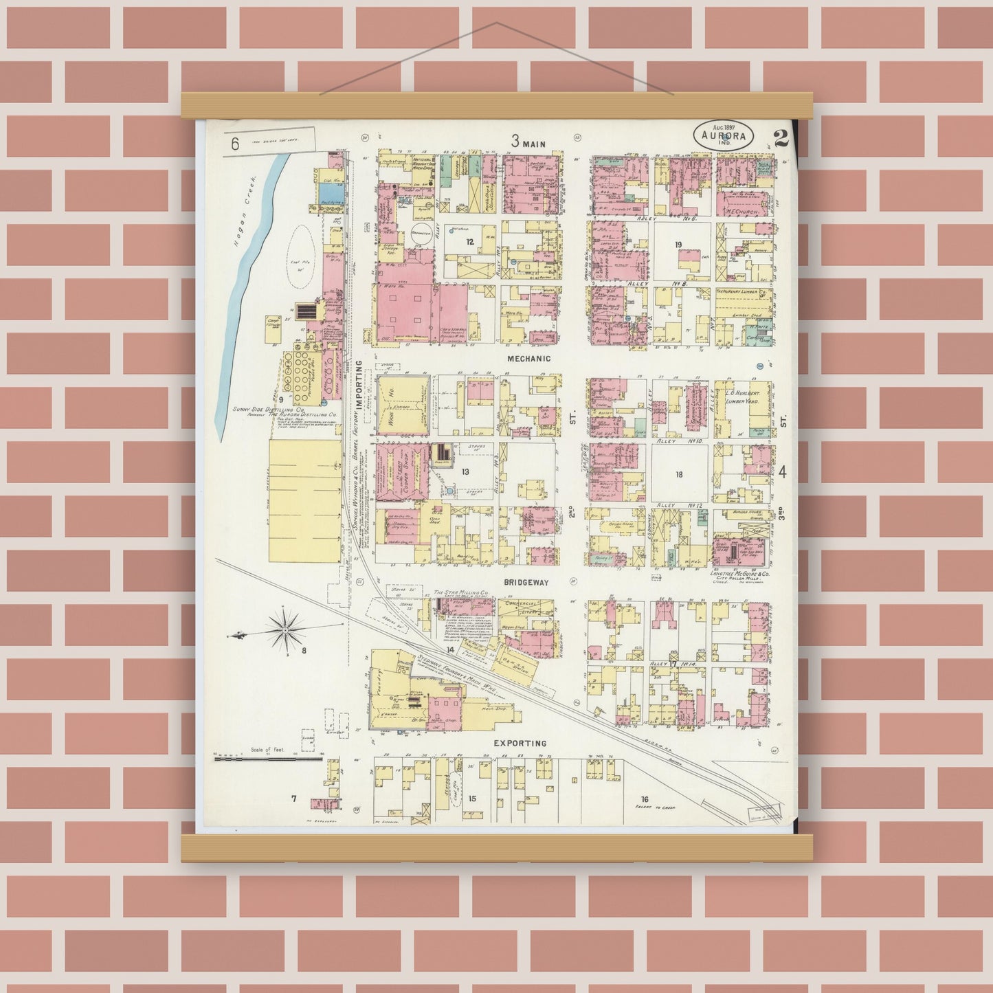 Old map wall art mockup — magnetic wood frame on brick wall — Sanborn Fire Insurance Map from Aurora, Dearborn County, Indiana (1897), Sheet #0002