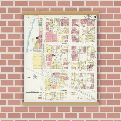Old map wall art mockup — magnetic wood frame on brick wall — Sanborn Fire Insurance Map from Aurora, Dearborn County, Indiana (1897), Sheet #0002