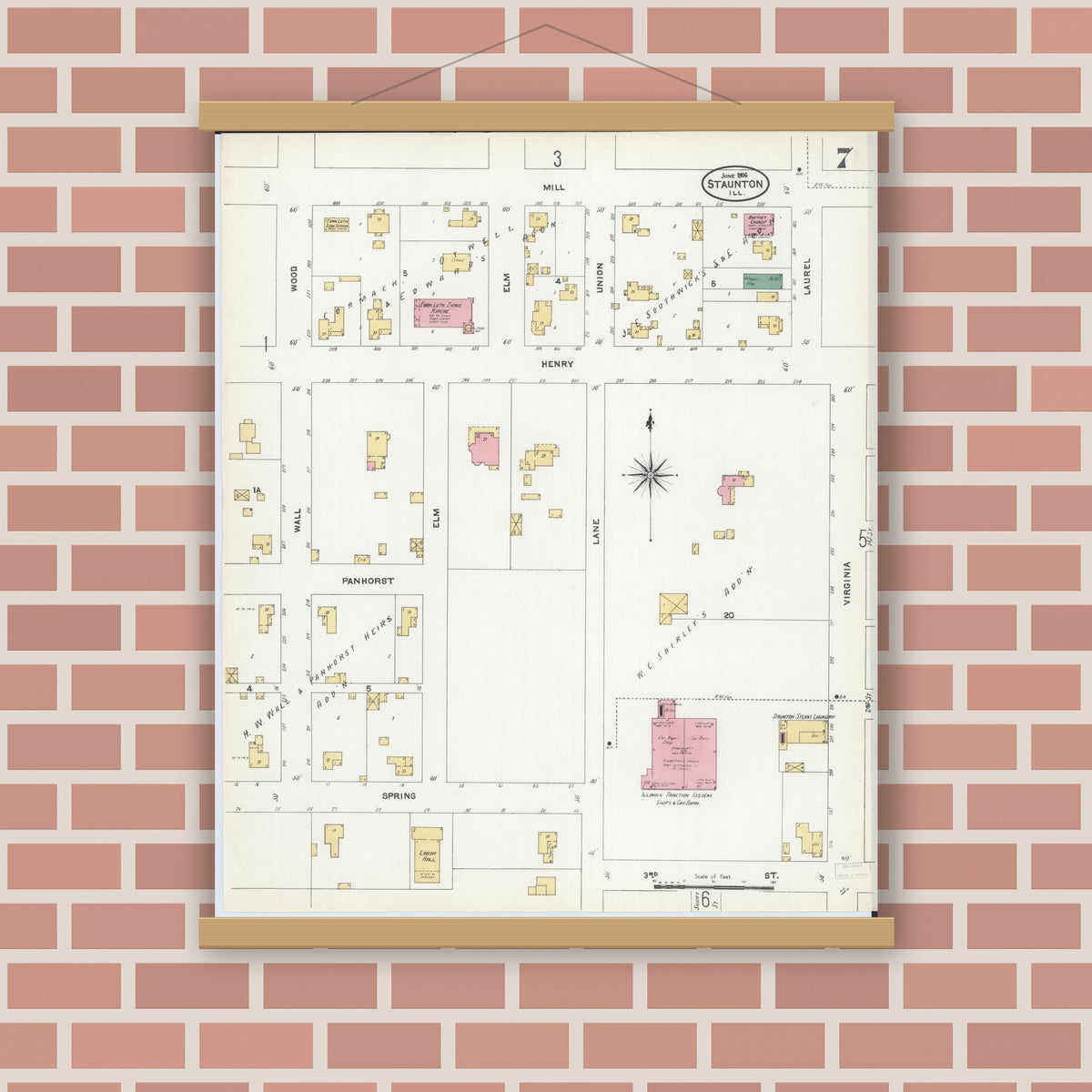 Old map wall art mockup — magnetic wood frame on brick wall — Sanborn Fire Insurance Map from Staunton, Macoupin County, Illinois (1906), Sheet #0007