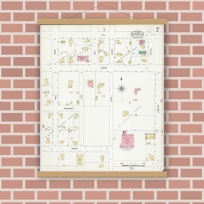 Old map wall art mockup — magnetic wood frame on brick wall — Sanborn Fire Insurance Map from Staunton, Macoupin County, Illinois (1906), Sheet #0007