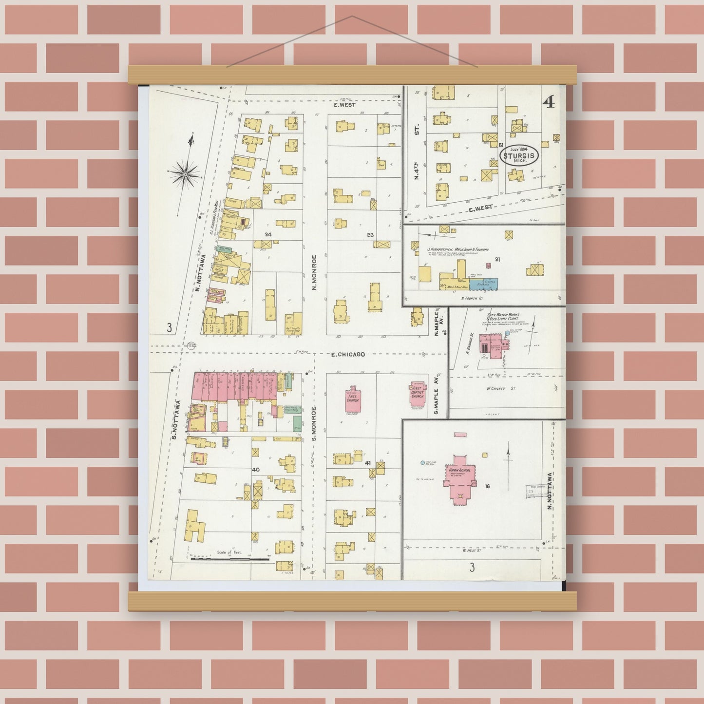 Old map wall art mockup — magnetic wood frame on brick wall — Sanborn Fire Insurance Map from Sturgis, Saint Joseph County, Michigan (1904), Sheet #0004