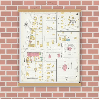 Old map wall art mockup — magnetic wood frame on brick wall — Sanborn Fire Insurance Map from Sturgis, Saint Joseph County, Michigan (1904), Sheet #0004