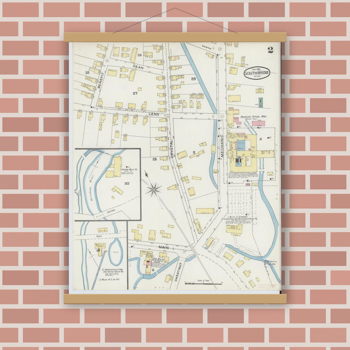 Old map wall art mockup — magnetic wood frame on brick wall — Sanborn Fire Insurance Map from Southbridge, Worcester County, Massachusetts (1894), Sheet #0002