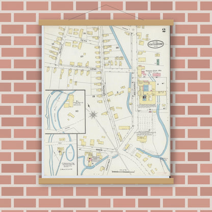 Old map wall art mockup — magnetic wood frame on brick wall — Sanborn Fire Insurance Map from Southbridge, Worcester County, Massachusetts (1894), Sheet #0002
