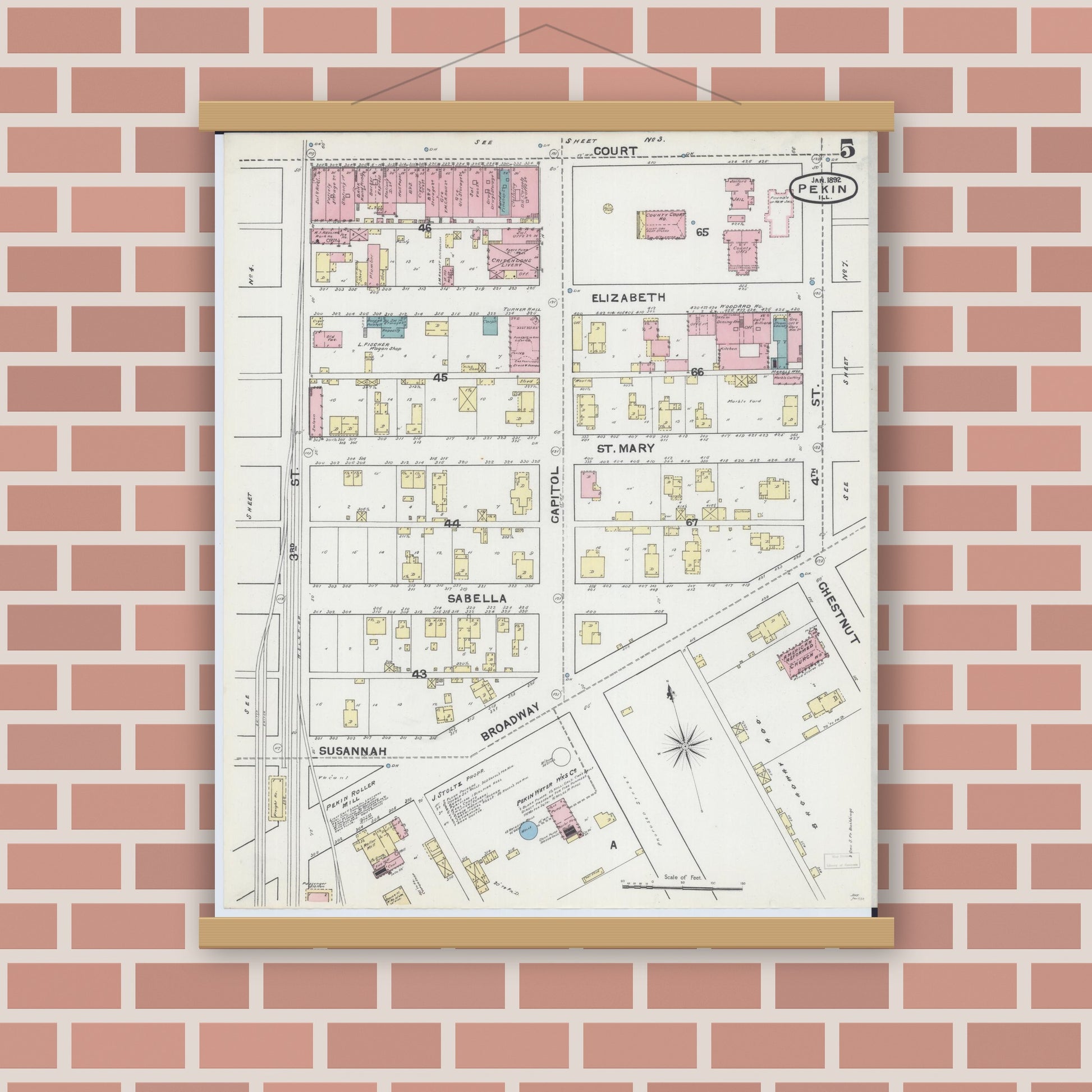 Old map wall art mockup — magnetic wood frame on brick wall — Sanborn Fire Insurance Map from Pekin, Tazewell County, Illinois (1892), Sheet #0005