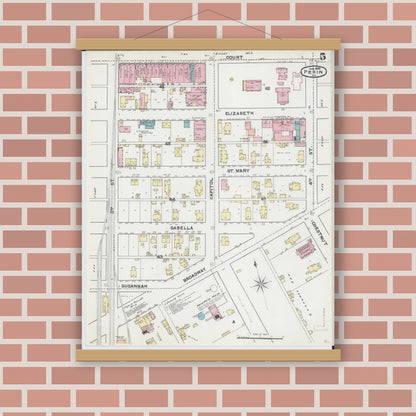 Old map wall art mockup — magnetic wood frame on brick wall — Sanborn Fire Insurance Map from Pekin, Tazewell County, Illinois (1892), Sheet #0005